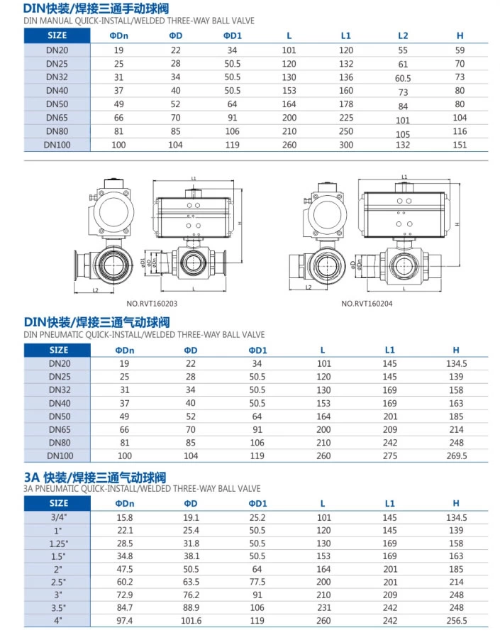 Manual sanitary stainless steel three-way full-way ball valve three clamp data picture1