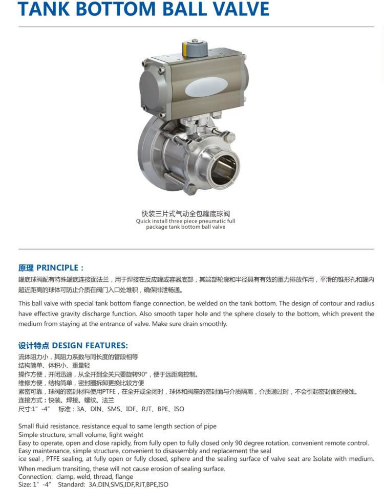 Sanitary stainless steel 304 316L three clip type pneumatic tank bottom valve introduction picture