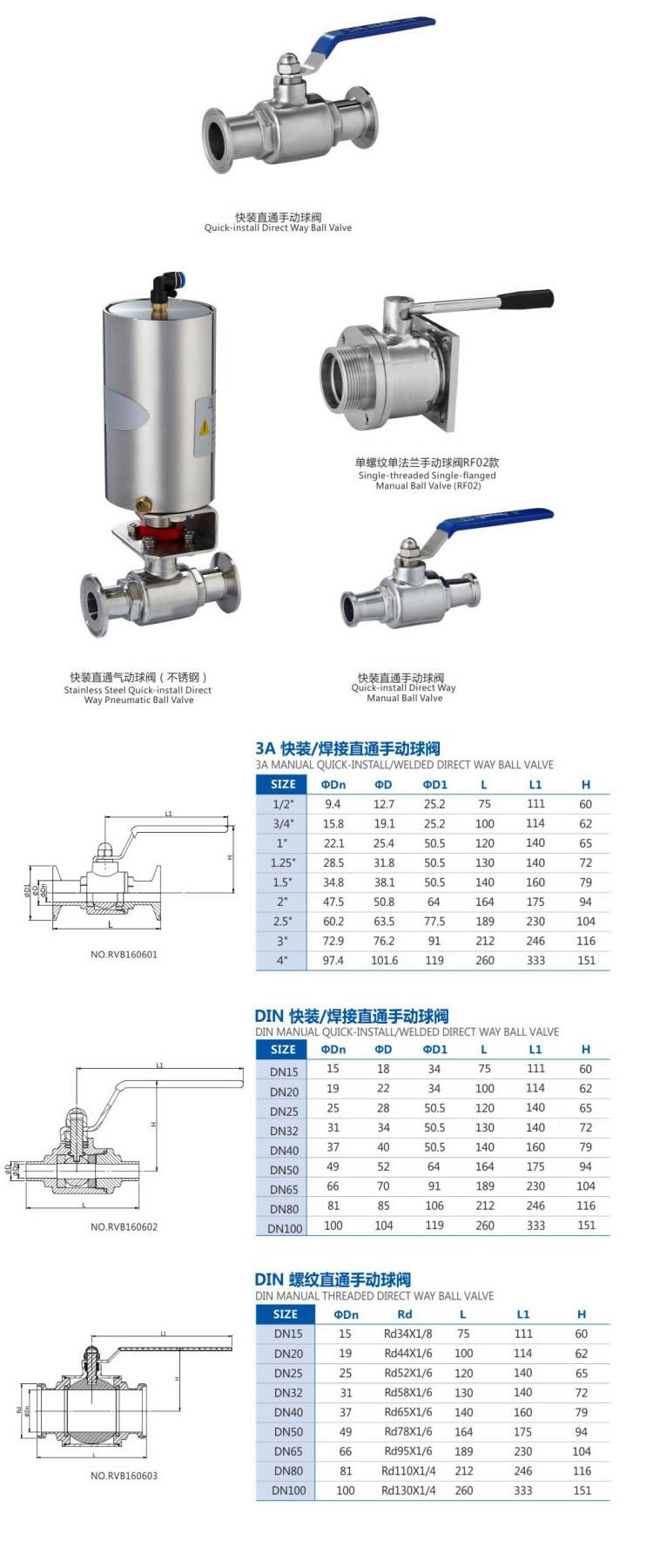 Sanitary stainless steel pneumatic through welding ball valve with limit switch data picture